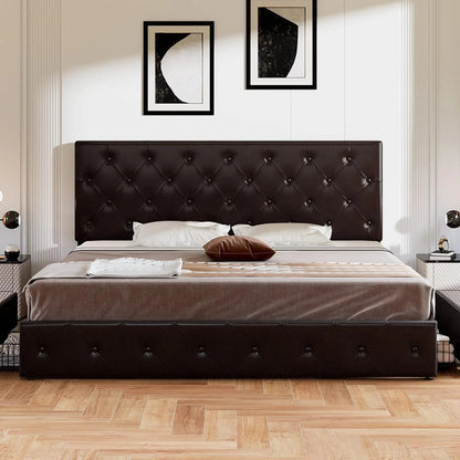 Allewie Upholstered Queen Size Platform Bed Frame with 4 Storage Drawers and Headboard, Square Stitched Button Tufted, Mattress Foundation with Wooden Slats Support, No Box Spring Needed, Light Grey