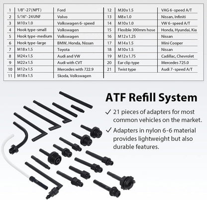 A1139HNUS Patented 12.5L Automatic Transmission Fluid Pump for ATF Filler System with 21 Pieces Taiwan-ATF Filling Adapters, Pneumatic and Manual Operation for Refilling Use