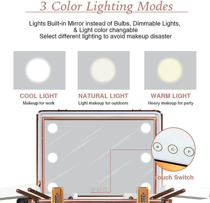 Medium Makeup Train Case with Code Lock, Lighted Mirror, Speaker Travel Cosmetic Organizer Box, Professional Artist Trolley Studio Free Standing Case