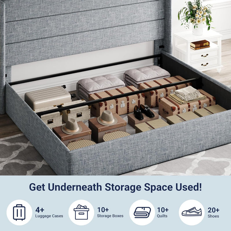 Allewie Queen Size Lift Up Storage Bed, Modern Wingback Headboard, Hydraulic Support, No Box Spring Needed, Light Beige