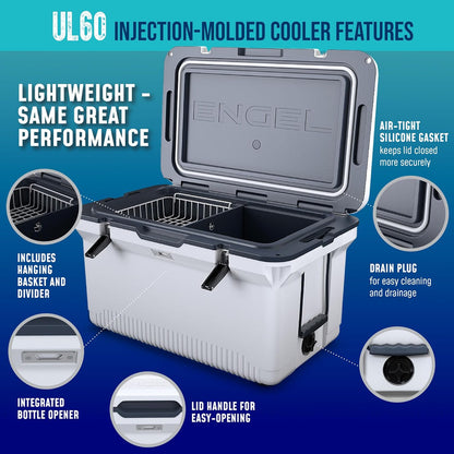 60 QT Ultra-Light Injection Molded Cooler - Ice Chest Keeps Ice up to 7 Days - Large Cooler Includes Wire Basket, Divider and Built-in Bottle Opener