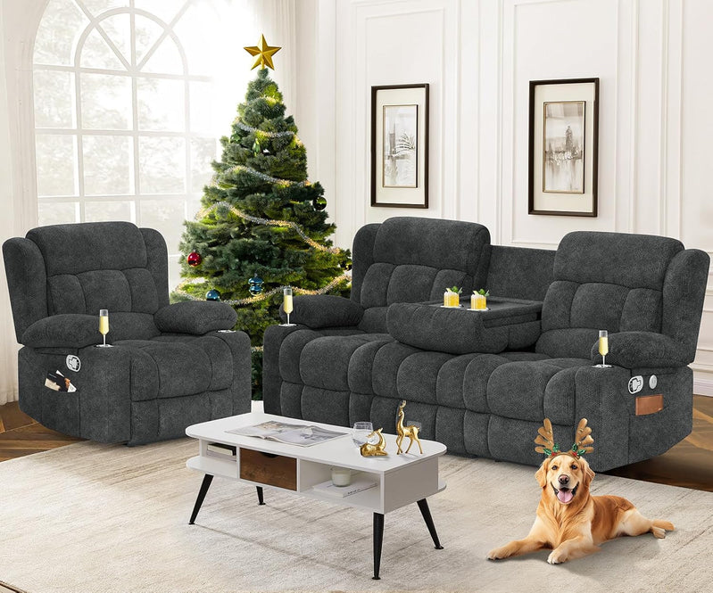 3 Seat Reclining Sofa with Storage Drawer USB Ports & Cup Holders Manual Couch