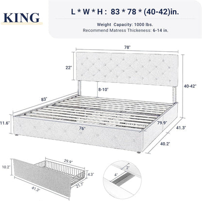 Allewie Upholstered Queen Size Platform Bed Frame with 4 Storage Drawers and Headboard, Square Stitched Button Tufted, Mattress Foundation with Wooden Slats Support, No Box Spring Needed, Light Grey