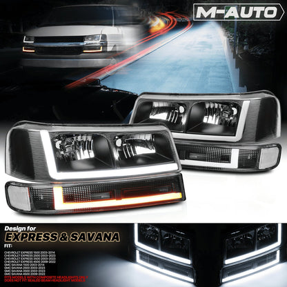 A set of 4 LED running light bars L+R black headlights + bumper signals for 2003-2014 Chevrolet Express 1500,2003-2023 Chevrolet Express 2500