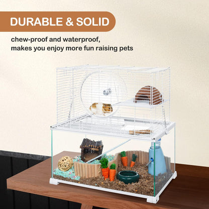 3 Tiers Large Hamster Cages, Glass Hamster Cage Habitat with Openable Wire Topper, Gerbil Cage with Two Ladders Ramps and Removeable Waterproof PVC Tray, Easy to Clean