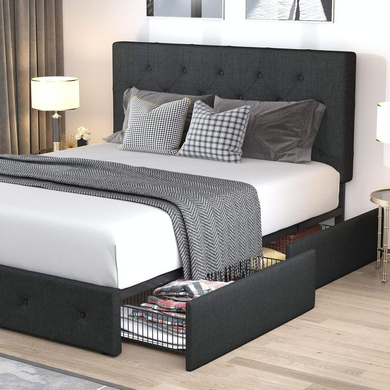 Allewie Upholstered Queen Size Platform Bed Frame with 4 Storage Drawers and Headboard, Square Stitched Button Tufted, Mattress Foundation with Wooden Slats Support, No Box Spring Needed, Light Grey