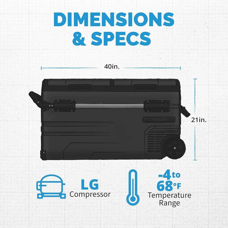 48 Qt. Portable 12v Electric Cooler with LG Compressor, Fridge and Freezer, Rugged Wheels, and Solar Power Input, Perfect Plug-In Cooler for Camping, Trucks, Travel, Car and Home