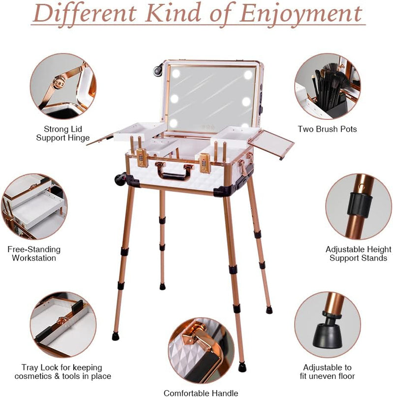 Medium Makeup Train Case with Code Lock, Lighted Mirror, Speaker Travel Cosmetic Organizer Box, Professional Artist Trolley Studio Free Standing Case