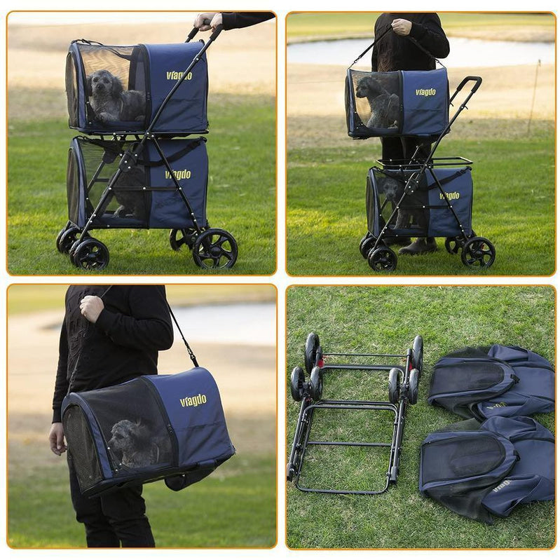 42 Double Pet Stroller for 2 Dogs & Cats,4 Wheels Dog Strollers Folding Travel Cat Stroller with Suspension System,Navy Blue