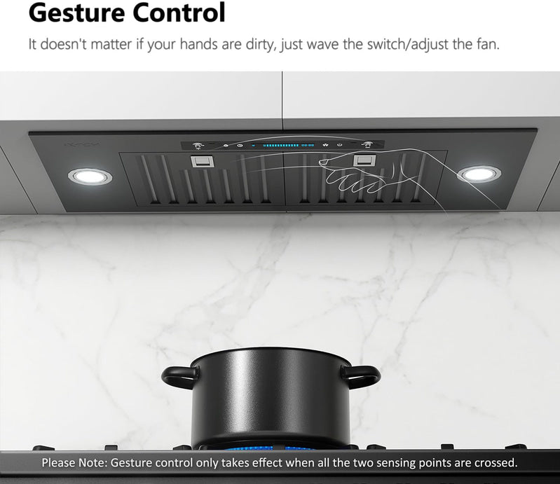 30 inch Built-in/Insert Range Hood 900 CFM, Ducted/Ductless Convertible Duct, Stainless Steel Kitchen Vent Hood with 4 Speed Gesture Sensing&Touch Control Panel(IKB01-30)