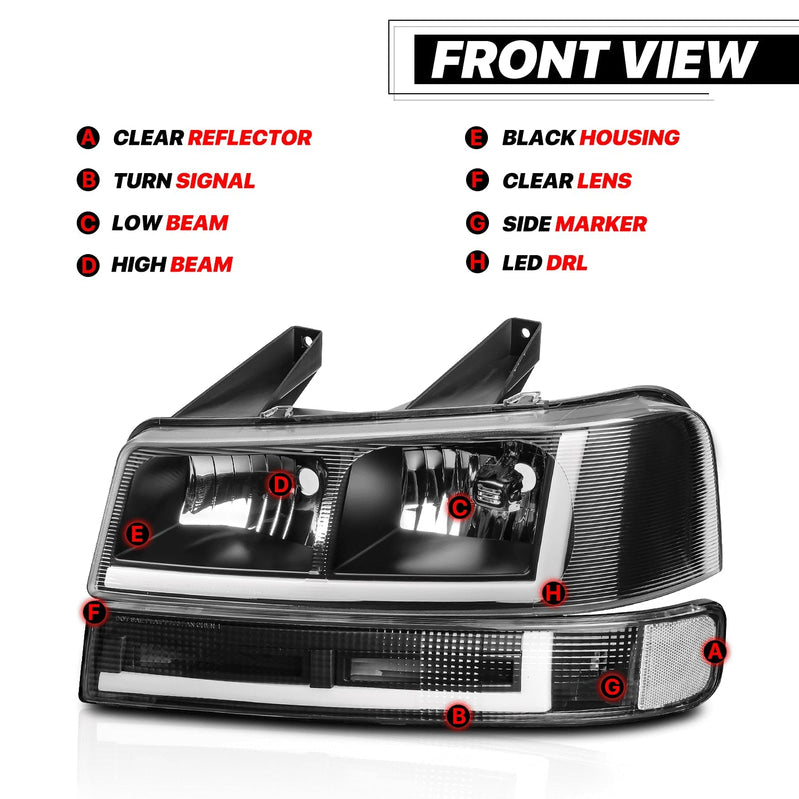 A set of 4 LED running light bars L+R black headlights + bumper signals for 2003-2014 Chevrolet Express 1500,2003-2023 Chevrolet Express 2500