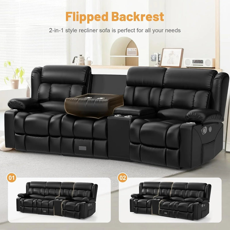 3 Seat Reclining Sofa with Storage Drawer USB Ports & Cup Holders Manual Couch