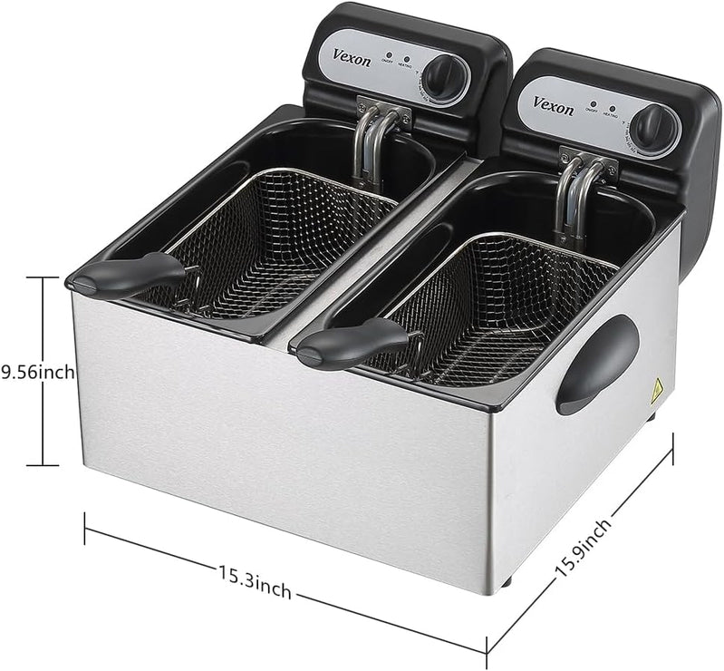 3000W Commercial Electric Deep Fryer With Baskets & Lids,2x3L Stainless Steel Double Deep Fryer,Small Deep Fryer With Basket,Temperature Control,Overheat Protection