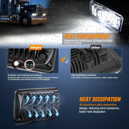 4x6 "Led Headlights 60W DOT Approved Hi/Lo Sealed Beam Rectangular headlights Replacement H4651 H4652 H4656 H4666 H6545 Compatible Kenworth Peter Bill Ford Freighter (silver, 4PCS)