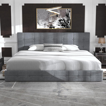 Allewie Upholstered Queen Size Platform Bed Frame with 4 Storage Drawers and Headboard, Square Stitched Button Tufted, Mattress Foundation with Wooden Slats Support, No Box Spring Needed, Light Grey