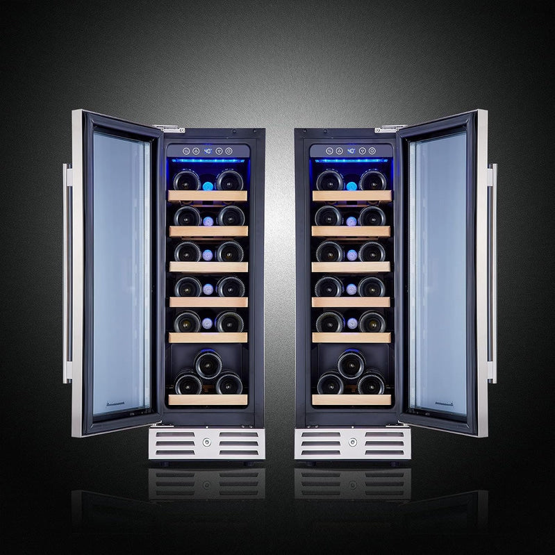 24 inch Wine Cooler, 46 Bottle - Dual Zone Built-in or Freestanding Fridge with Stainless Steel Reversible Glass Door, for Home, Kitchen, or Office.