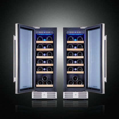 24 inch Wine Cooler, 46 Bottle - Dual Zone Built-in or Freestanding Fridge with Stainless Steel Reversible Glass Door, for Home, Kitchen, or Office.