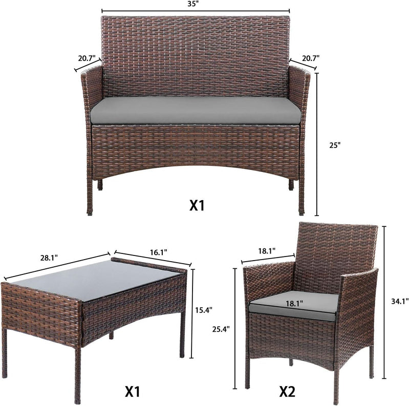 4 Pieces Patio Rattan Chair Wicker, Outdoor Indoor Use Backyard Porch Garden Poolside Balcony Furniture Sets (Red)