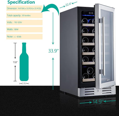 24 inch Wine Cooler, 46 Bottle - Dual Zone Built-in or Freestanding Fridge with Stainless Steel Reversible Glass Door, for Home, Kitchen, or Office.