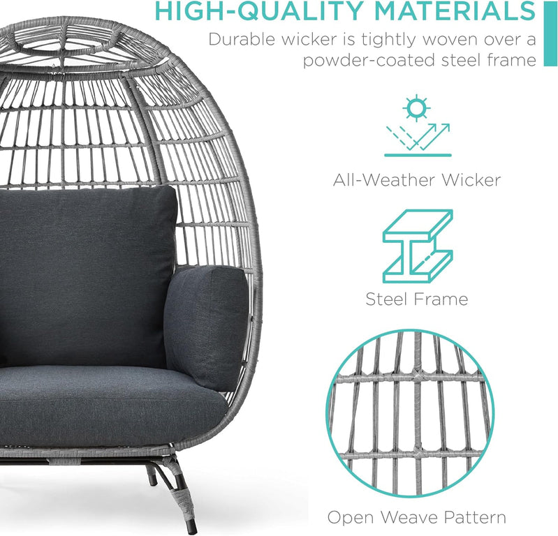 Best Choice Products Wicker Egg Chair, Oversized Indoor Outdoor Lounger for Patio, Backyard, Living Room w/ 4 Cushions, Steel Frame, 440lb Capacity - Ivory