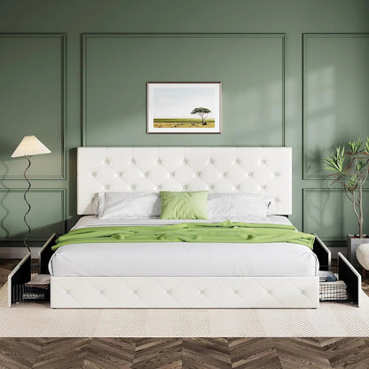 Allewie Upholstered Queen Size Platform Bed Frame with 4 Storage Drawers and Headboard, Square Stitched Button Tufted, Mattress Foundation with Wooden Slats Support, No Box Spring Needed, Light Grey