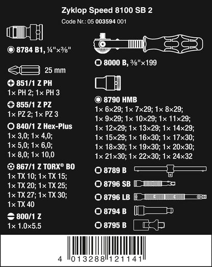 5003594001 8100 SB 2 Zyklop 3/8" Metric Ratchet Set ( Piece of 43)