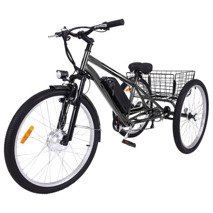 26 Inch Adult 3 Wheel Electric Tricycle with Basket, Fat Tires,7 Speeds,350W Powerful Motor, 36V 10Ah Removable Battery Dark Gray