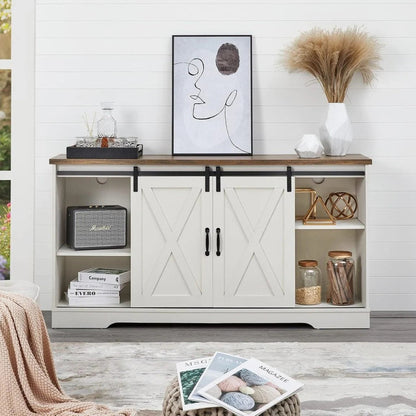 AMERLIFE Fireplace TV Stand with Sliding Barn Door for TVs up to 73", Farmhouse 63" Fireplace Entertainment Center with Storage Cabinets/Adjustable Shelves