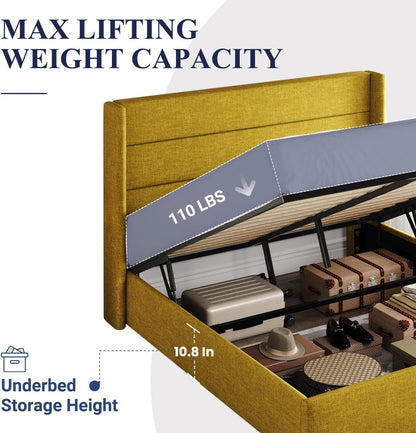 Allewie Queen Size Lift Up Storage Bed, Modern Wingback Headboard, Hydraulic Support, No Box Spring Needed, Light Beige