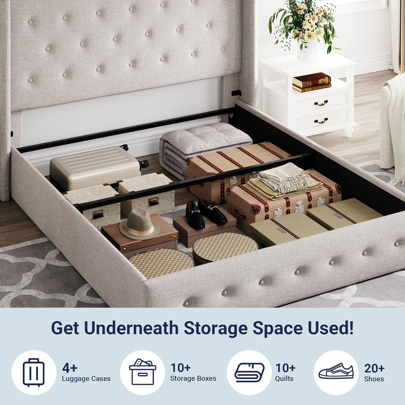 Allewie Queen Size Lift Up Storage Bed, Modern Wingback Headboard, Hydraulic Support, No Box Spring Needed, Light Beige