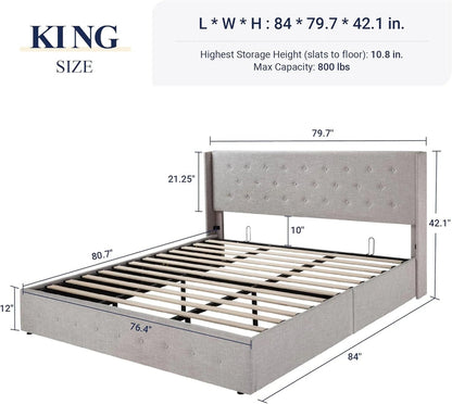 Allewie Queen Size Lift Up Storage Bed, Modern Wingback Headboard, Hydraulic Support, No Box Spring Needed, Light Beige