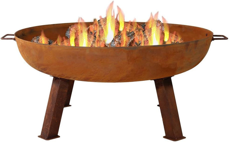 34-Inch Rustic Cast Iron Outdoor Raised Fire Pit Bowl with Handles - Oxidized Finish