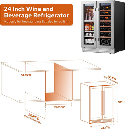 24'' Wine Cooler Refrigerator - 46 Bottle Wine Fridge Dual Zone with Modern Touch Intelligent Digital 40°-65°F Low Noise, Built in or Freestanding Wine Cooler for Home and Kitchen