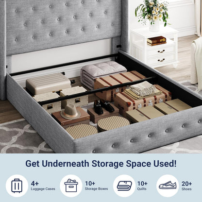Allewie Queen Size Lift Up Storage Bed, Modern Wingback Headboard, Hydraulic Support, No Box Spring Needed, Light Beige