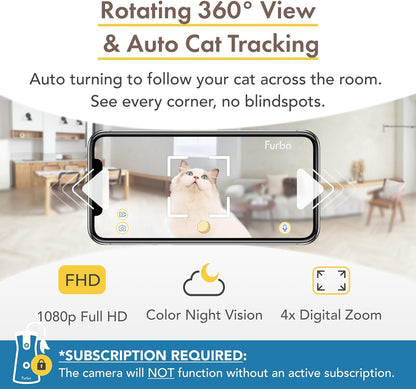 360° Cat Camera: See Your Cat from Anywhere | Rotating 360° Cat Tracking, Treat Toss, Color HD Night Vision, 2-Way Audio, Real-Time Notifications, Designed for Cats | Pet Camera w/Phone App