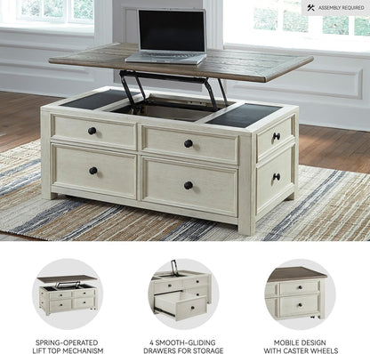 Ashley Bolanburg Lift Top Coffee Table with Drawers, Antique Cream & Brown