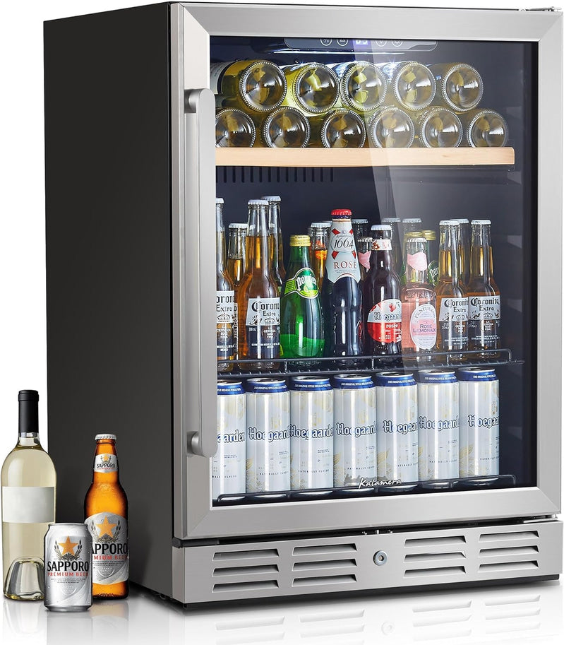 24 inch Wine Cooler, 46 Bottle - Dual Zone Built-in or Freestanding Fridge with Stainless Steel Reversible Glass Door, for Home, Kitchen, or Office.