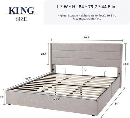Allewie Queen Size Lift Up Storage Bed, Modern Wingback Headboard, Hydraulic Support, No Box Spring Needed, Light Beige