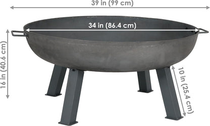 34-Inch Rustic Cast Iron Outdoor Raised Fire Pit Bowl with Handles - Oxidized Finish