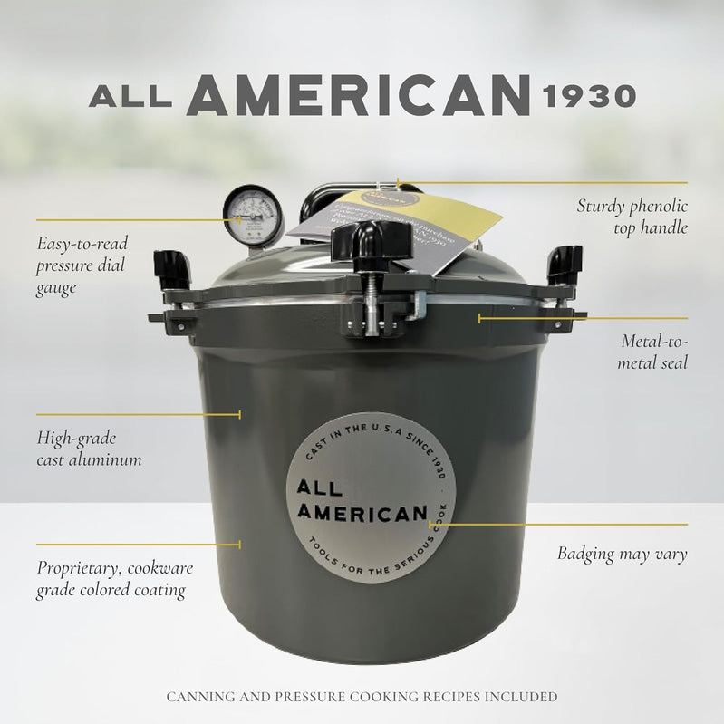 All American 1930: 21.5qt Pressure Cooker/Canner (The 921) – Exclusive Metal to Metal Sealing System – Easy to Open & Close – Suitable for Gas, Electric, or Flat Top Stoves – Made in the USA