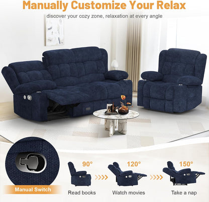 3 Seat Reclining Sofa with Storage Drawer USB Ports & Cup Holders Manual Couch
