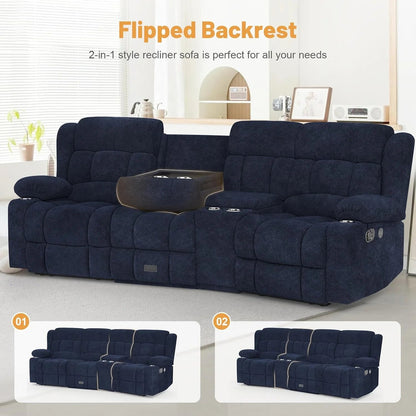 3 Seat Reclining Sofa with Storage Drawer USB Ports & Cup Holders Manual Couch