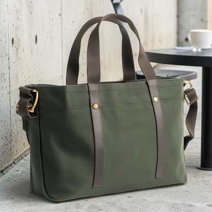 Brenfo 16oz Heavy Canvas Tote Bag with Adjustable Strap - Large Capacity Laptop Bag - Reinforced Workwear Utility Tote for Commuting & Travel - Forest Green