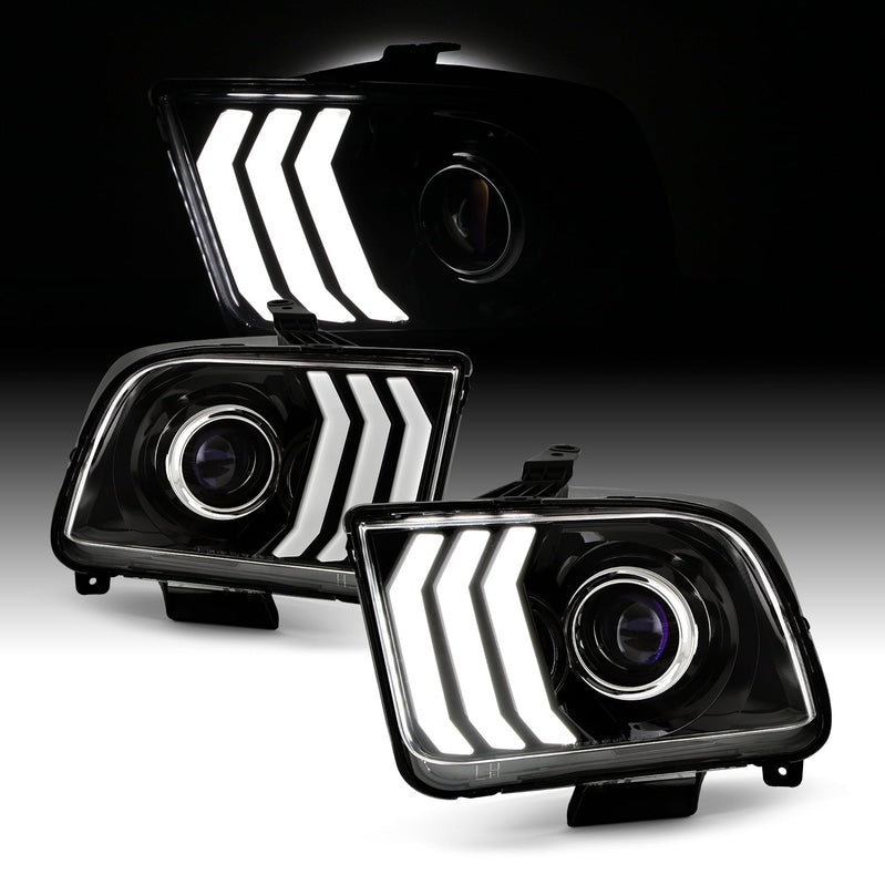 AKKON - Fits 2005-2009 Ford Mustang LED Tube DRL Parking Halogen Type Projector Black Headlights Pair Driver+Passenger