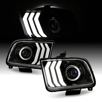 AKKON - Fits 2005-2009 Ford Mustang LED Tube DRL Parking Halogen Type Projector Black Headlights Pair Driver+Passenger