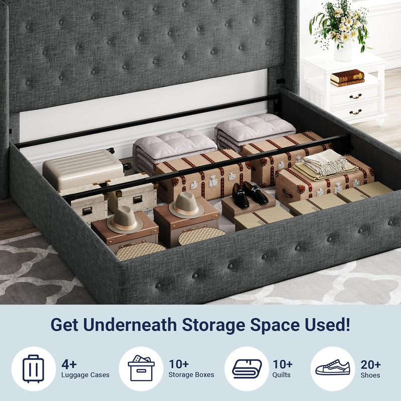 Allewie Queen Size Lift Up Storage Bed, Modern Wingback Headboard, Hydraulic Support, No Box Spring Needed, Light Beige