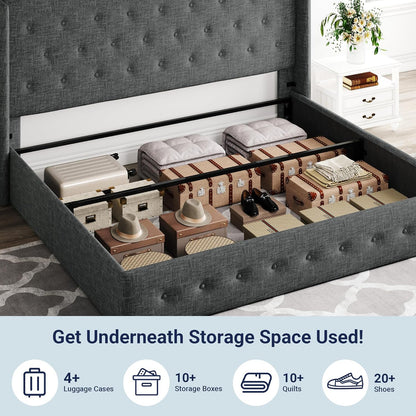 Allewie Queen Size Lift Up Storage Bed, Modern Wingback Headboard, Hydraulic Support, No Box Spring Needed, Light Beige