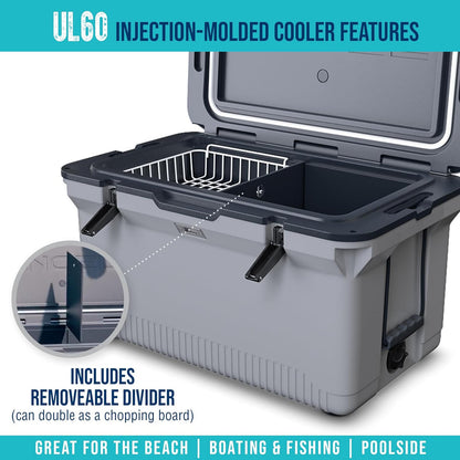 60 QT Ultra-Light Injection Molded Cooler - Ice Chest Keeps Ice up to 7 Days - Large Cooler Includes Wire Basket, Divider and Built-in Bottle Opener
