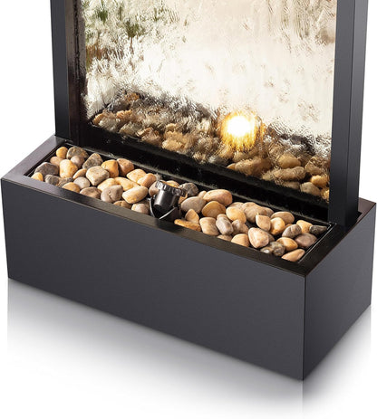 Alpine Mirror Waterfall Fountain with Stones & Lights, 72", Indoor/Outdoor Zen Decor
