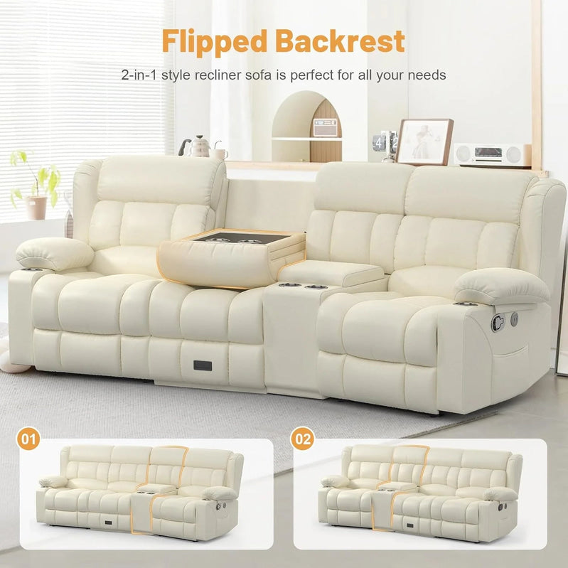 3 Seat Reclining Sofa with Storage Drawer USB Ports & Cup Holders Manual Couch